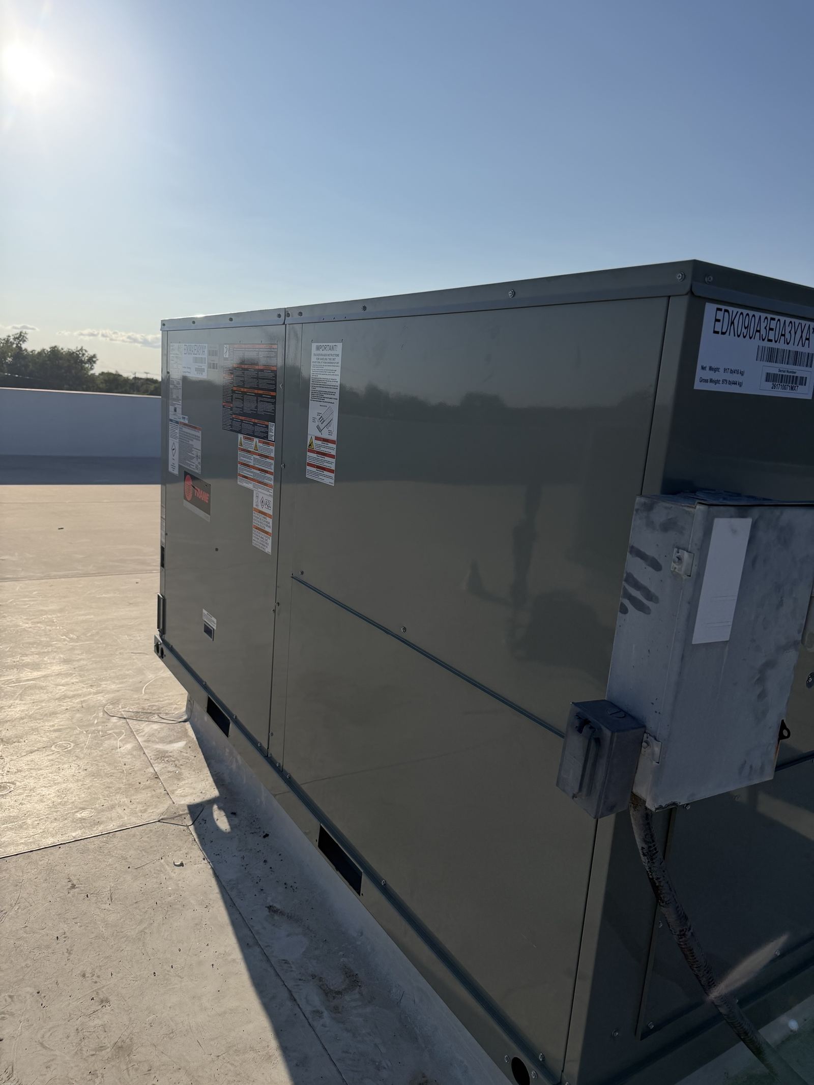 Trane commercial rooftop HVAC package unit installed